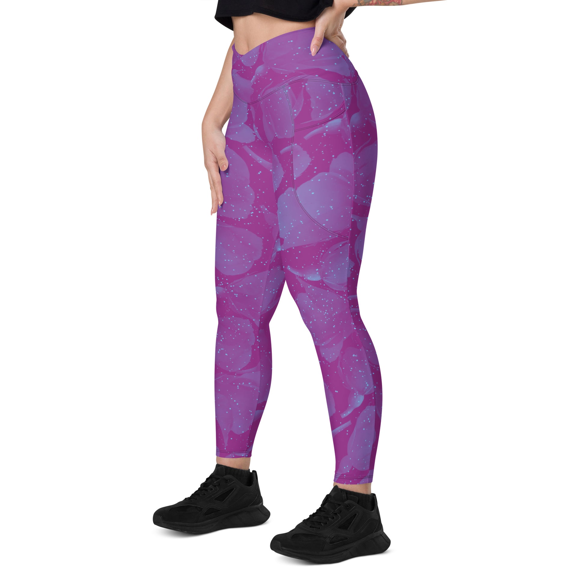 Night Flowers Women's Recycled Crossover Leggings With Pockets - FLAKOUT